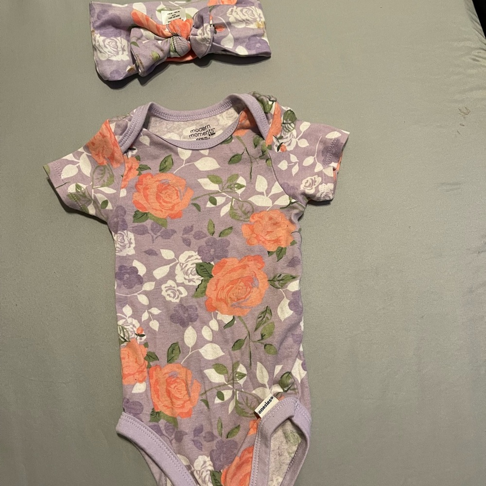 Purple rose onesie with matching headband